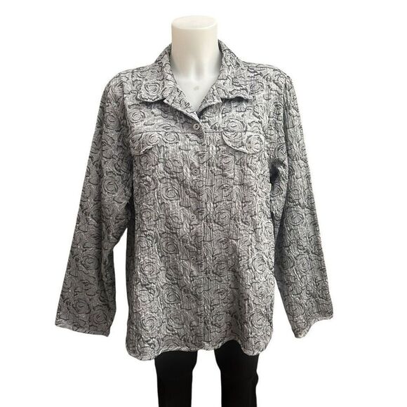 Chico’s Gray Silver Rose Embossed Pattern Button Front Jacket sz 3/ XL - Picture 1 of 9